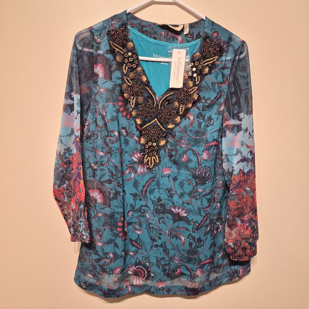 Soft Surroundings NWT Medium Floral Sheer Teal Blouse with Embroidery V Neck